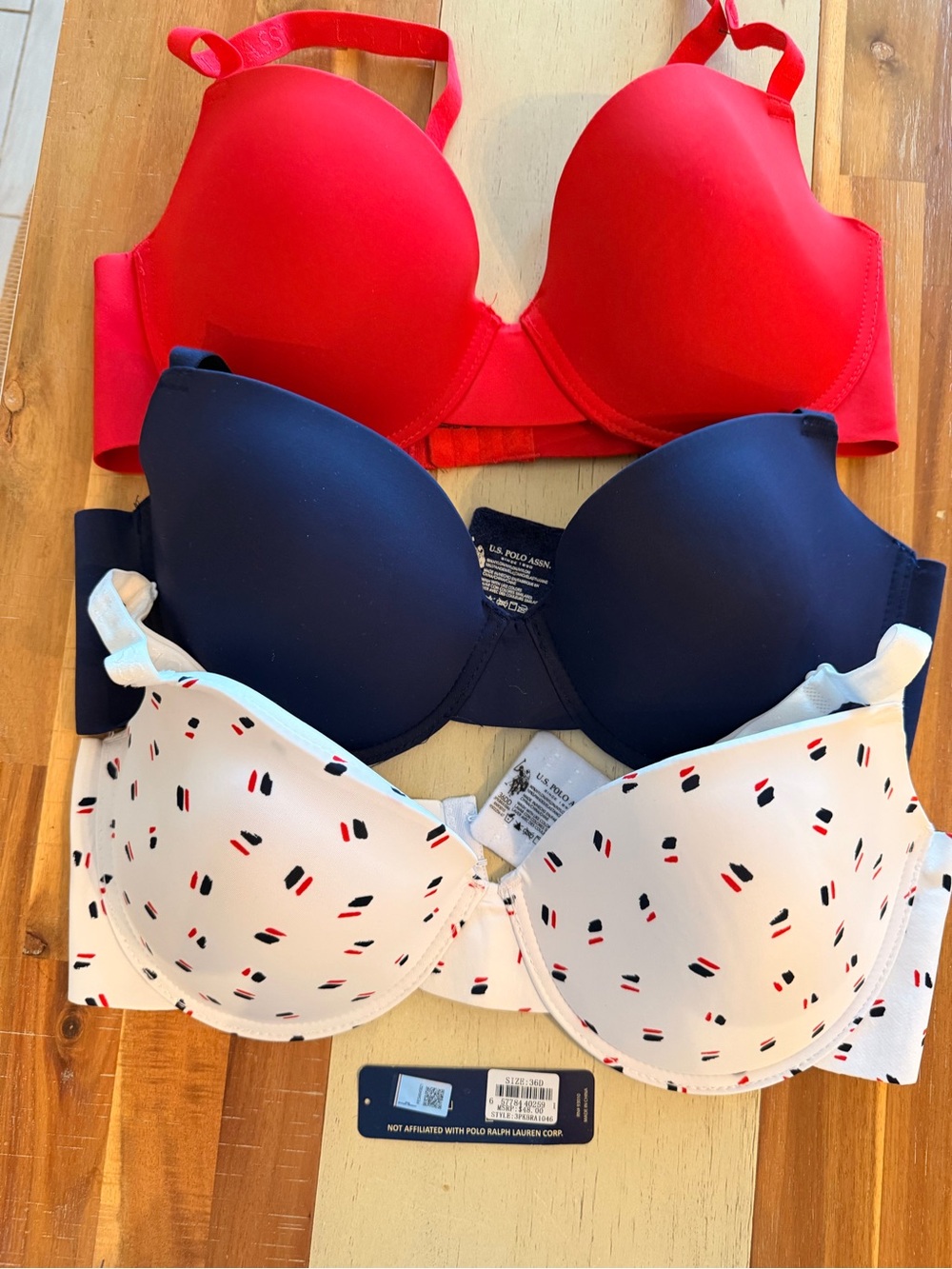 U.S. Polo Assn. Red, Navy & White Patterned T-Shirt Bra Trio